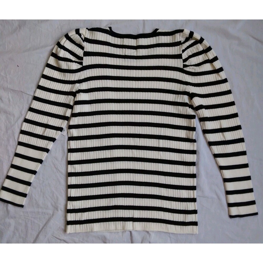 NWT Nine West Ribbed Puff Sleeve Sweater Ivory Black Stripes Long Sleeve XL - Picture 8 of 12